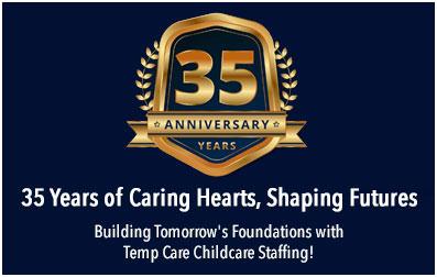A gold and black logo with the words " 3 5 years of caring hearts, shaping families ".